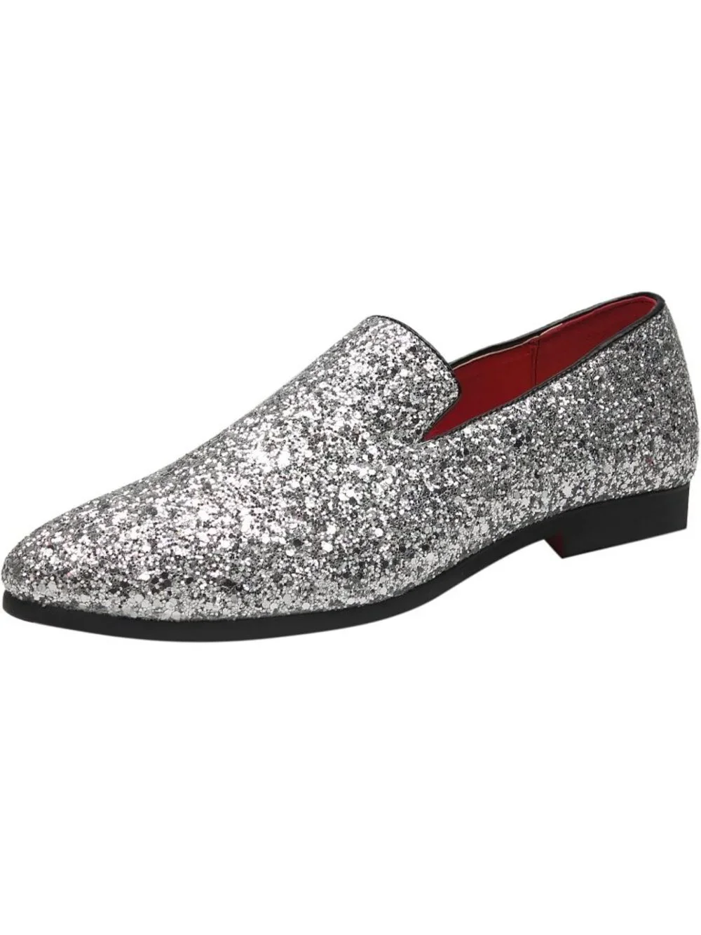 Men's Silver Leather Glitter Sparkly Loafers Slip On Tuxedo Formal Events Shoes